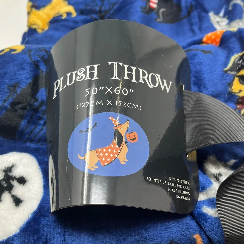 Halloween Plush Throw Blanket - Dogs Cats Costumes Witch Moon Blue 50